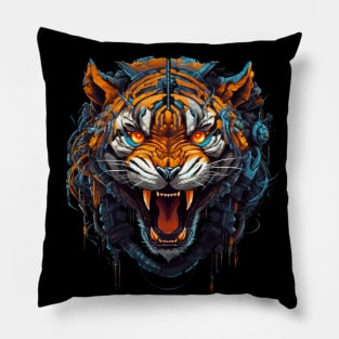 Cybernetic Fury Unleashed - Close-up of a Roaring Tiger Pillow