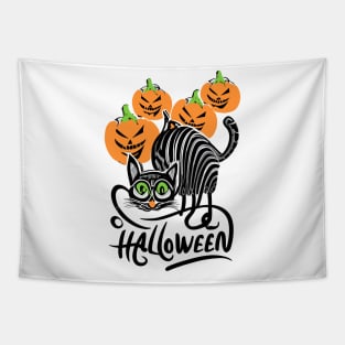 Halloween creepy cute black cat and pumpkins Tapestry