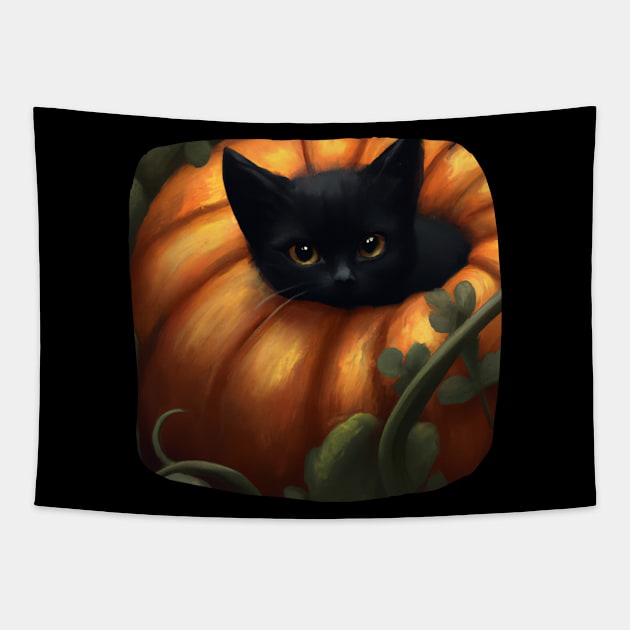 Cute Black Cat In Pumpkin Tapestry by SillyShirts