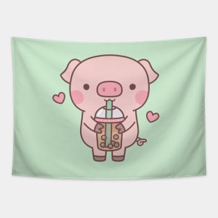 Cute Little Pig Loves Boba Tea Tapestry