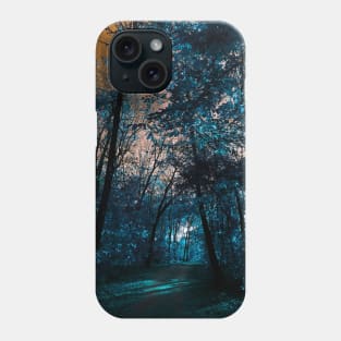 Majestic Fantasy Fall Wooded Trail Scene with Blue Foliage and Orange Sky - Indian Creek Trail Kansas City Phone Case