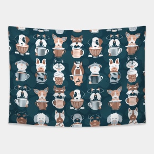 Doggie Coffee and Tea Time 2 // pattern // navy blue background Tapestry