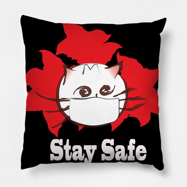 Stay Safe cute cat Pillow by Vivid Art Design