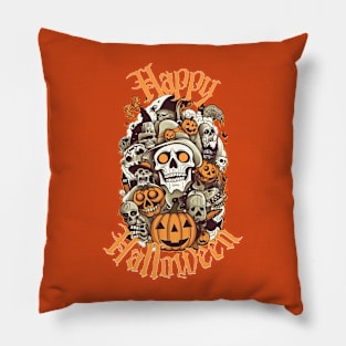 Happy Halloween - Spooky Jack-o'-lanterns, Skulls & Spiders Pillow