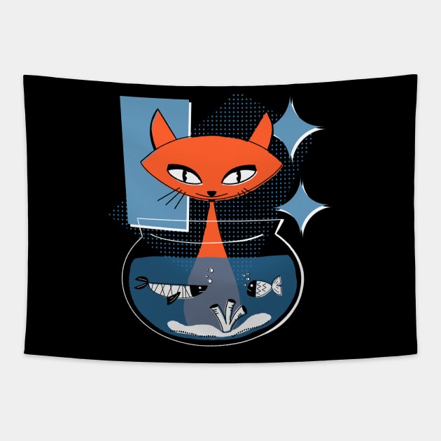 Atomic Cat with Fish Bowl Mid Century Modern Style Tapestry by ksrogersdesigns