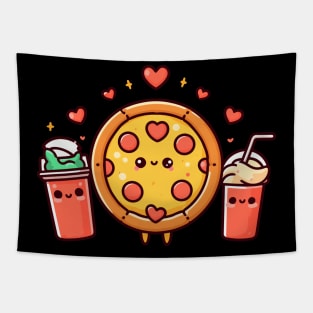 Kawaii Food Art with a Pepperoni Pizza, Cola, and a Milkshake | Kawaii Lovers Gift Tapestry