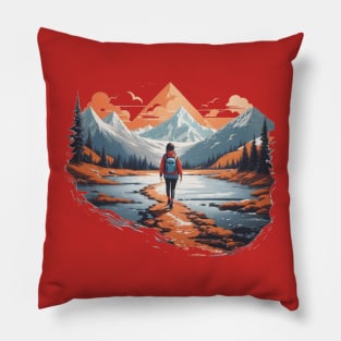 Girl walks a trail through the mountains Pillow