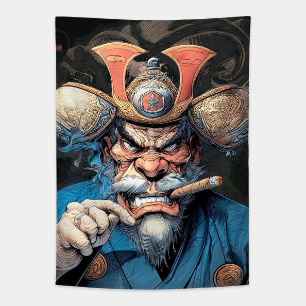 Puff Sumo: Ronin Samurai Puff Sumo Smoking a Cigar on a Dark Background Tapestry by Puff Sumo