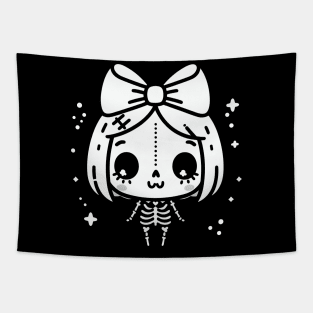 Cute Halloween Design on Skeleton Girl with a Big Bow | Cute Kawaii Ghost Tapestry