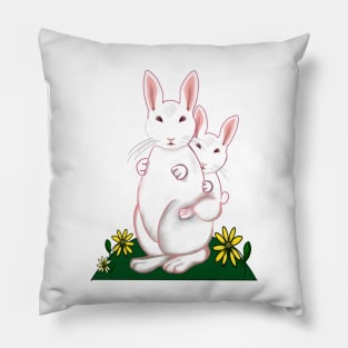 Mother and baby bunny rabbits flowers - cute bunny family mama rabbit carrying a baby rabbit child mothers day Pillow