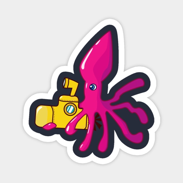 Squid riding in yellow submarine Magnet by fmpanis98