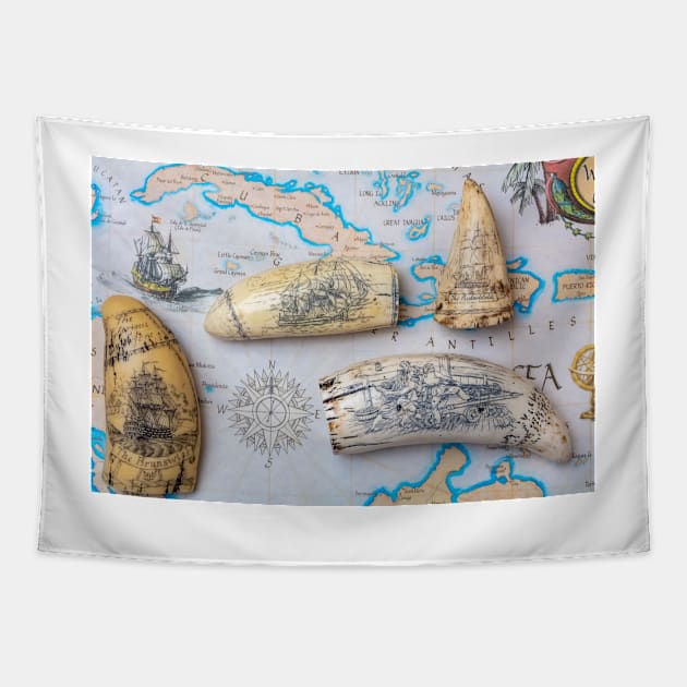 Old Cuba Map With Scrimshaw Tapestry by photogarry