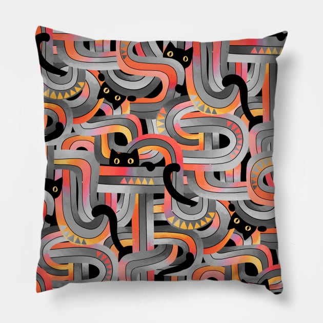 Geo Cats Maze in Sunset Colors plus Grey Pillow by micklyn