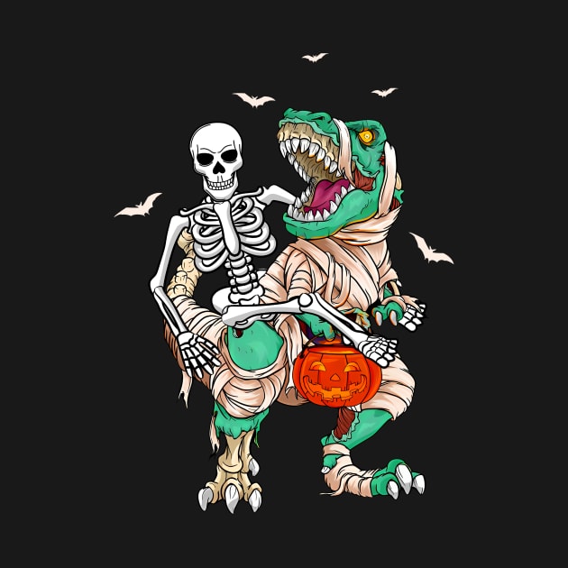 Skeleton Riding Mummy Dinosaur T Rex Kids Funny Halloween by Sky at night