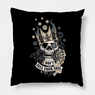 Don't sell your soul. A Vintage Smoking Skull with Money, Playing Cards, Dice, Horns, Crown and Roses Pillow