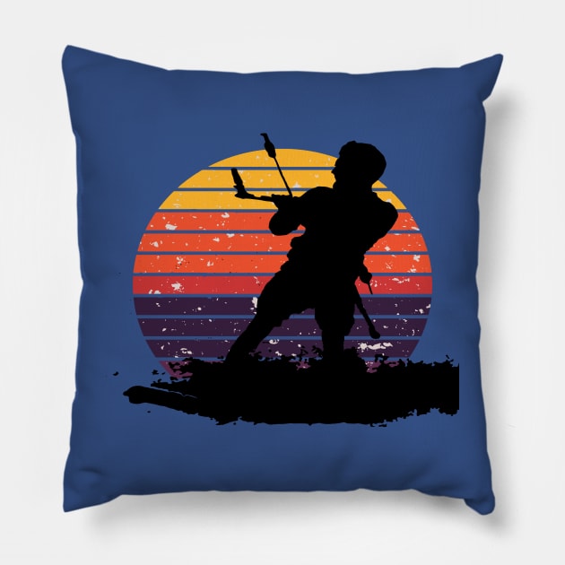 Kitesurfing Enthusiast Riding A Wave Silhouette Retro Sunset Pillow by taiche