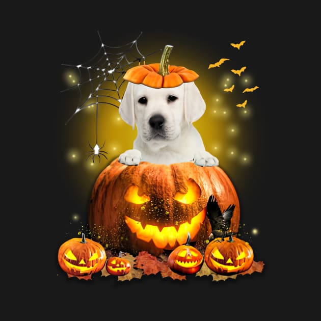 White Labrador Spooky Halloween Pumpkin Dog Head by Red and Black Floral