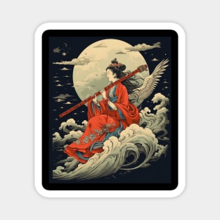 Japanese Retro Vintage Artwork Tengu Goddess Playing Flute Magnet