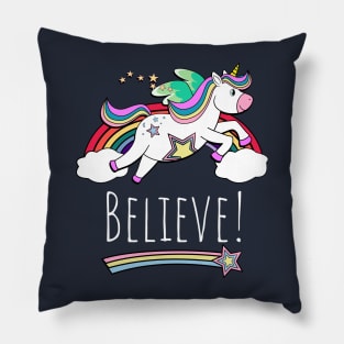 Flying Unicorn And Rainbow Inspirational Believe Pillow