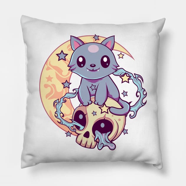 Skull Cat Kawaii Gothic Pillow by DionArts