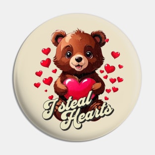 Cute Bear With Hearts Valentines Day I Steal Hearts Pin