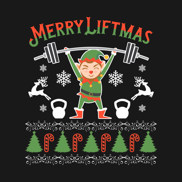 Merry Liftmas Funny Ugly Christmas Elf Workout Fitness Gym by Mayzin