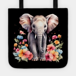 An elephant decorated with beautiful watercolor flowers Tote