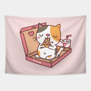 Cute Calico Cat Eating Pizza In Pizza Box Funny Tapestry