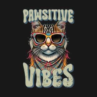 Pawsitive Vibes, Retro Groovy Style Hippie Cat Lover Design T-Shirt