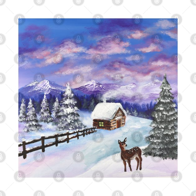 festive winter wonderland scenery mountain evergreen fawn deer Christmas snowy cabin by Tina