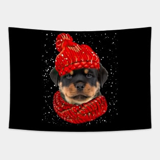 Rottweiler Wearing Red Hat And Scarf In Snow Christmas Tapestry