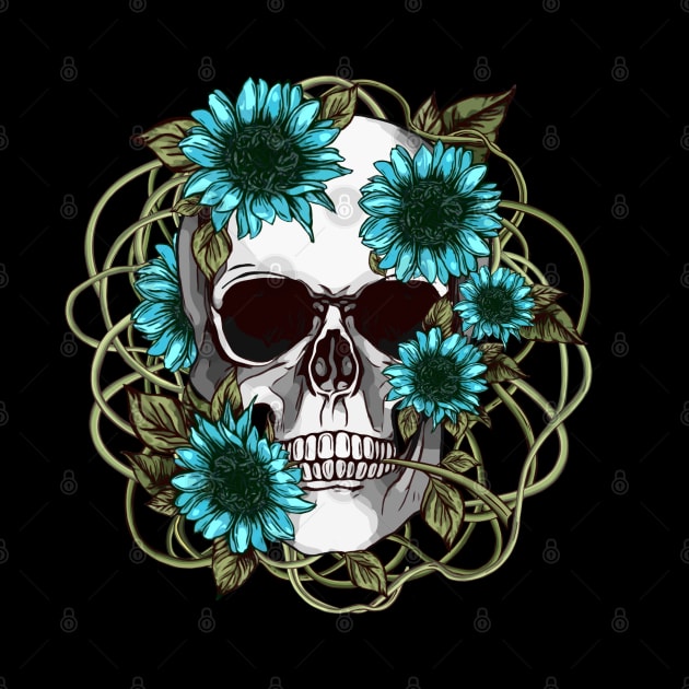 floral skull, cool skull, turquoise sunflowers skull mask face by Collagedream