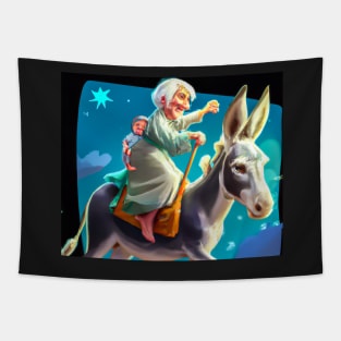 White-Haired Woman on Donkey Prints Tapestry