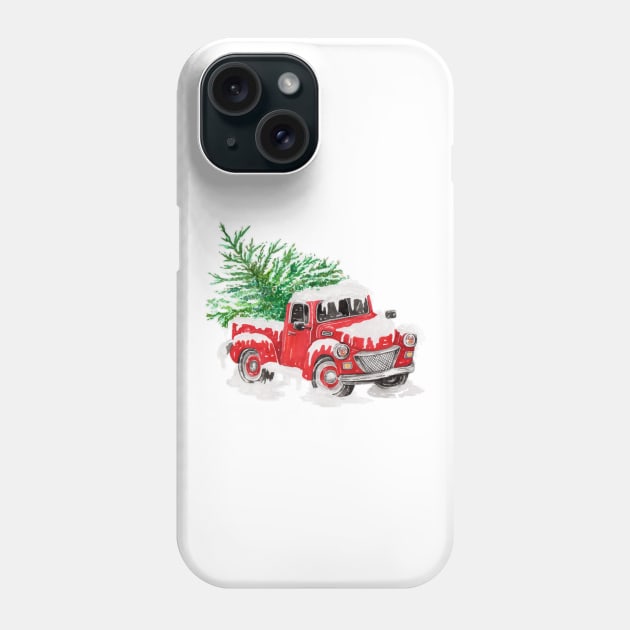 Snow Covered Vintage Retro Red Farm Pickup Truck with Christmas Tree Phone Case by SpacemanTees