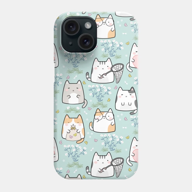 Seamless Pattern plant butterflies Cute Kawaii Cats Phone Case by jodotodesign