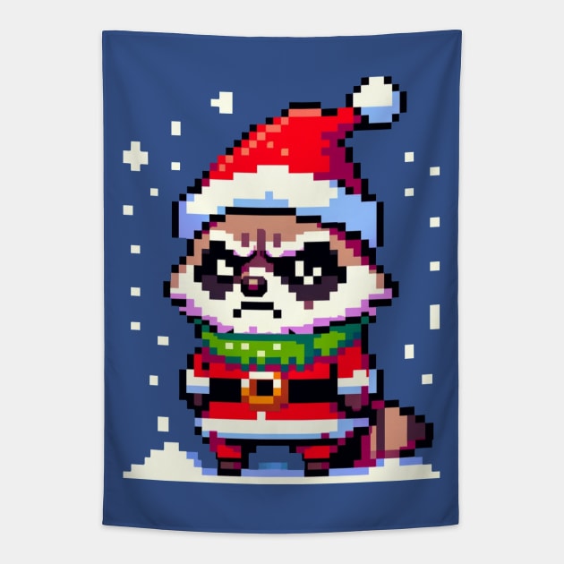 Grumpy Raccoon in Festive Christmas Attire Tapestry by Pixel Punkster