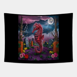 AI generated red striped seahorse in graveyard Tapestry