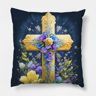 Gold Cross With Flowers Pillow