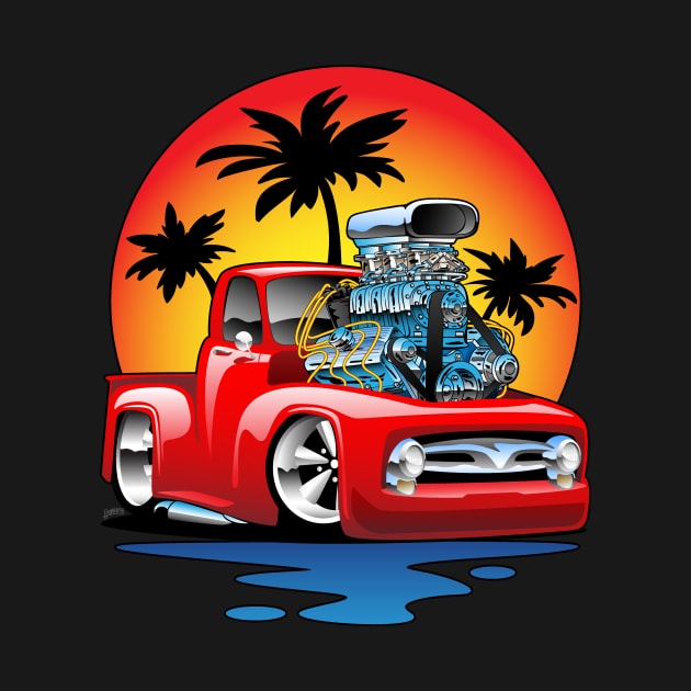 Classic American Hot Rod Pick-up Truck with Sunset Cartoon by hobrath