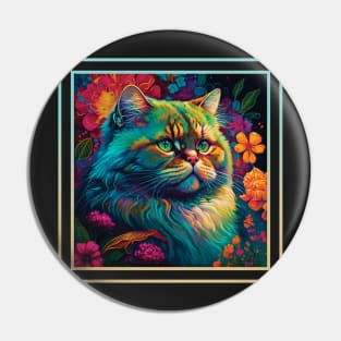 Distinguished Persian Cat Vibrant Tropical Flower Digital Oil Painting Portrait Pin