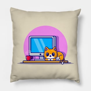 Cute Cat And Computer Cartoon Pillow