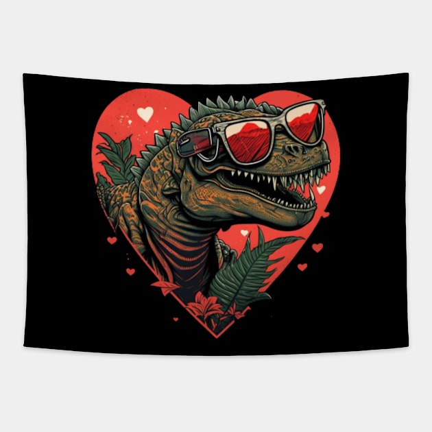 dinosaur valentines day wearing sunglasses Tapestry by Teeshop