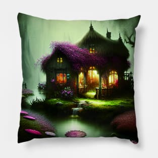 Sparkling Fantasy Cottage with Lights and Glitter Background in Forest, Scenery Nature Pillow