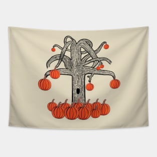 Simple Dark Tree With Pumpkins, Spooky Tree With Pumpkins (Light Brown) Tapestry