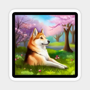 Shiba Inu in a Cherry Blossom Orchard Magnet