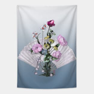 Pale pink watercolor peonies with a folding fan Tapestry