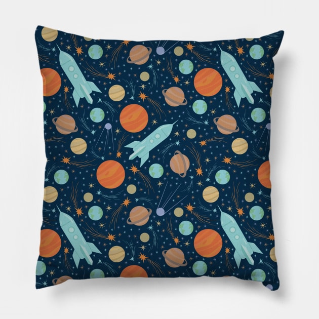 Blue rocket amoung orang and yellow planets and shooting stars Pillow by PinataFoundry