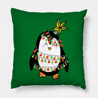 Cute Christmas Tree Lights Wrapped Penguin with a Star on his Head on a Green Backdrop, made by EndlessEmporium Pillow