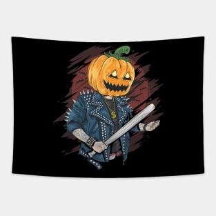 Pumpkin Head Punk - Scary Jack O Lantern Halloween Cartoon Art Tapestry