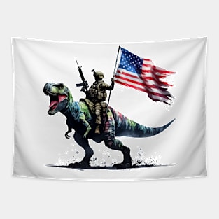 American 4th Of July Soldier Riding on Tyrannosaurus Tapestry